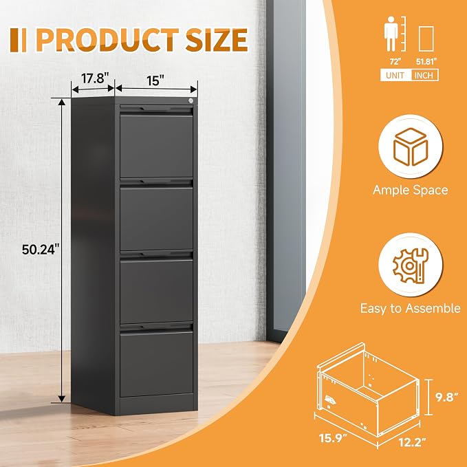 4-Drawer Metal File Cabinet with Lock,Steel Printer Stand with Storage for Home Office,Vertical Filing Cabinet for Legal/Letter/A4 Files,Assembly Required(15''W-4 Drawers,Black)