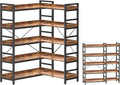 HCHQHS Adjustable Book Shelf with 8 Hooks, Reversible Corner Bookshelf, Industrial Wooden and Metal Bookcase for Living Room, Bedroom, Home Office (Rustic Brown, 5 Tier)