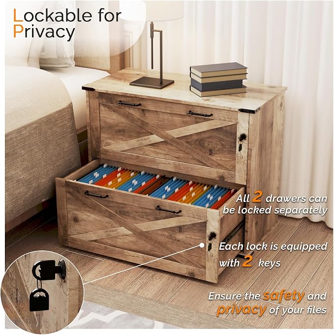 VINGLI 2 Drawer File Cabinet with Lock, Home Office Filing Organizer, for Letter Legal A4 Size File Folder Storage, Modern Farmhouse, Wood Lateral Filing Cabinet, Archivador (Rustic Gray)
