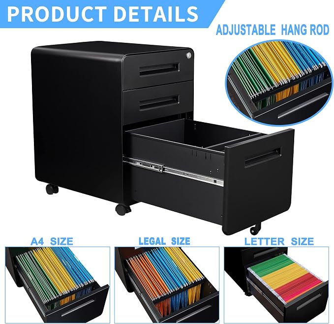 Letaya File Cabinet, 3 Drawer Filing Cabinets for Home Office with Lock Mobile Under Desk Fully Assembled Cabinet (Black)