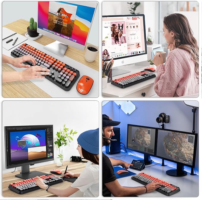 Wireless Keyboard and Mouse Combo - Cute Colorful Keyboard and Mouse, Retro Typewriter Keyboard with 2.4GHz Plug & Play, for Windows 11/10/7, Laptop, PC (V2020-Orange)