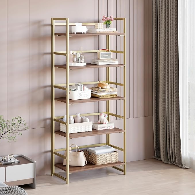 BHG Vintage Multifunctional Folding Bookshelf,5 Tier No-Assembly Plant Stand Storage Rack Shelves for Home Office (Brown&Gold, 5-Tier)