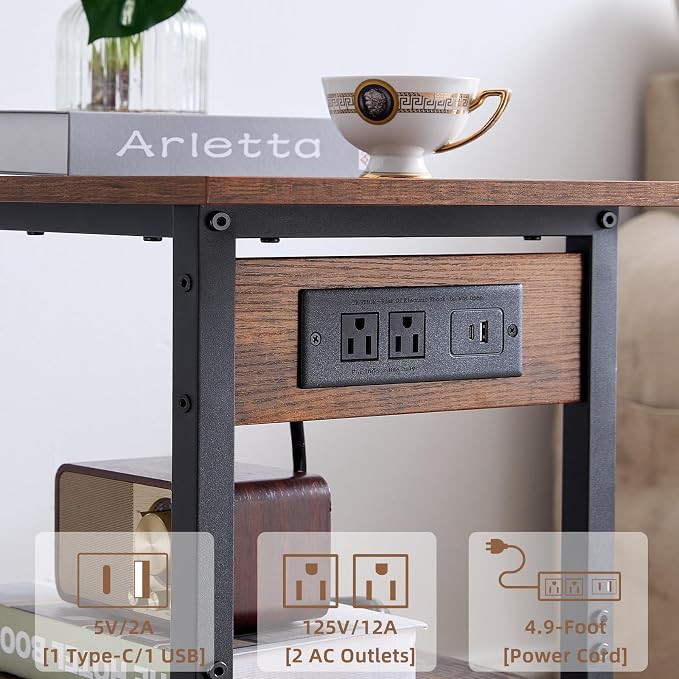 Lerliuo 3-Tier Printer Stand with Charging Station, Industrial Mobile Printer Table with Storage Shelf and Steel Frame, Rolling Printer Cart Holder with Lockable Wheels for Home, Office (Brown)
