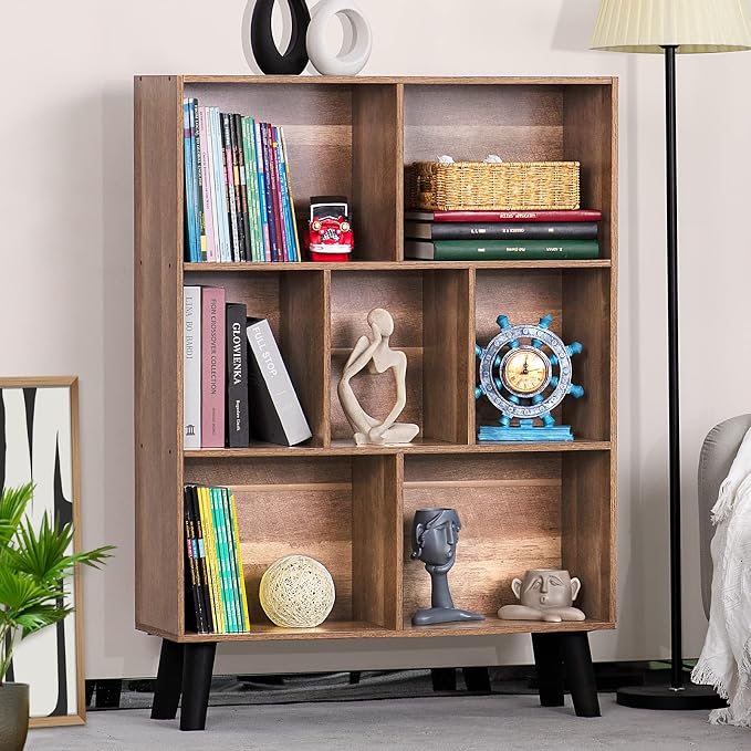 LEYAOYAO 7 Cube Bookshelf 3 Tier Modern Bookcase with Legs,Wood Book Shelves Storage Organizer Shelf,Free Standing Bookcases,Oak Display Bookshelves