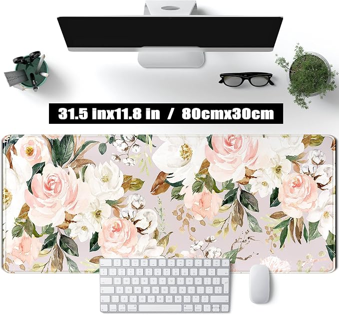 Pink Flowers Keyboard Pad PC Gaming Desk Mat Desk Mouse Pads Green Leaves Floral Mouse Pad Large, Computer XL Big Mousepad Deskpad Mat with Stitched Edge for Women Home Office Decor 31.5x11.8 in