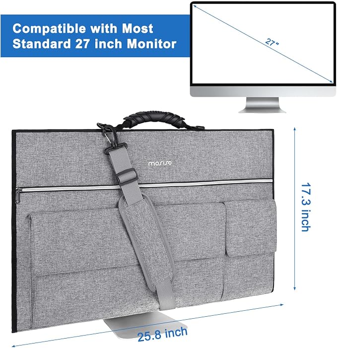 MOSISO Monitor Carrying Case, 27 inch Padded Monitor Travel Bag Cover Case, Protective Computer Monitors Handbag Dust Covers with Adjustable Shoulder Strap & 3 Pockets for 27 inch Monitors, Gray