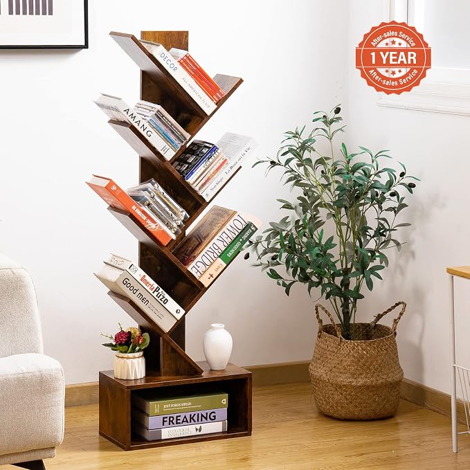 Yoobure Tree Bookshelf - 6 Shelf Retro Floor Standing Bookcase, Tall Wood Book Storage Rack for CDs/Movies/Books, Utility Book Organizer Shelves for Bedroom, Living Room, Home Office, Rustic Brown