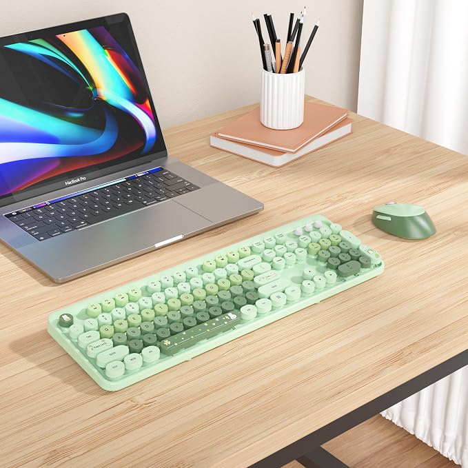 GTSP Typewriter Colorful Green Wireless Keyboard and Mouse Combo, 2.4GHz Full-Size Retro Cute Office Computer Keyboard with Round Keycaps for Desktop Laptop and PC (Colorful Green)