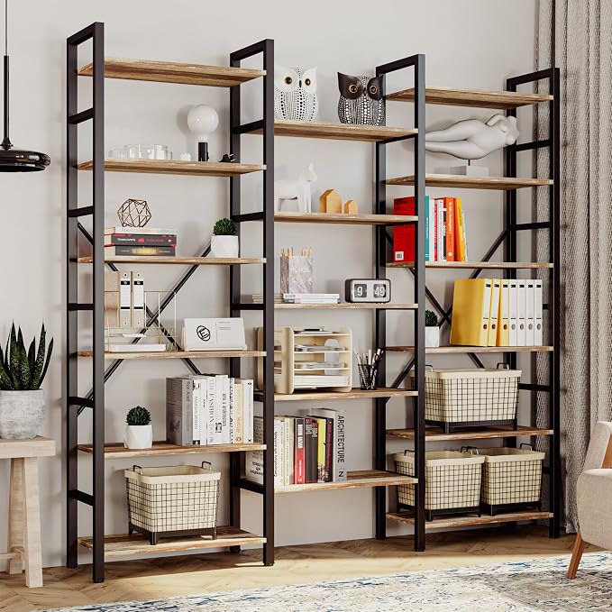 IRONCK Bookshelves 6 Tiers Triple Wide Industrial Bookshelf, Large Etagere Bookshelf Open Display Shelves with Metal Frame for Living Room Bedroom Home Office