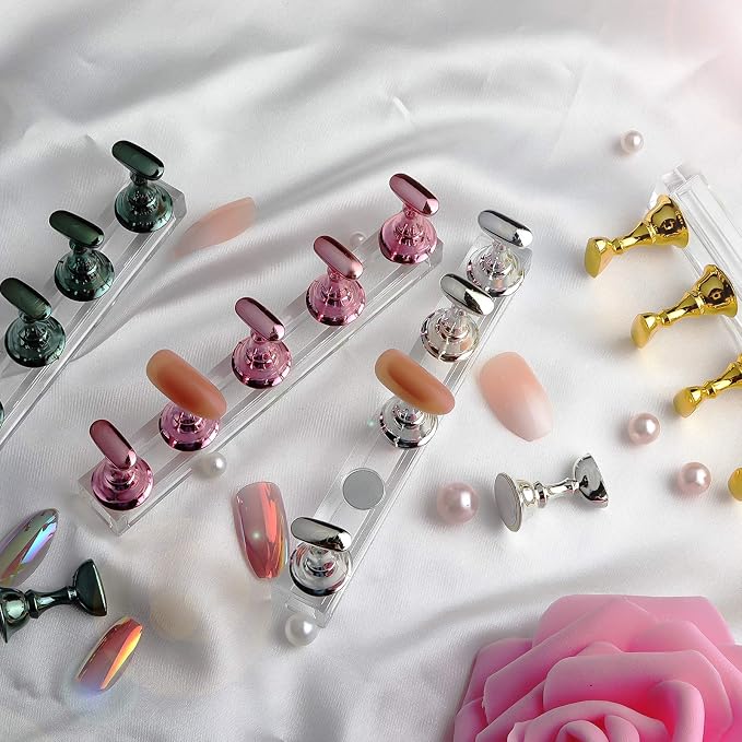 JUSTOTRY 4 Sets Pink Nail Stand for Press on Nails Display, Magnetic Fake Nails Holder for Painting Nails Practices, Beginner Acrylic Nail Art Kit Accessories, Nail Salon Equipment and Decor