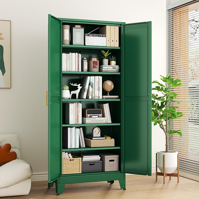 Green Metal Storage Cabinet,75" Steel Cabinets for Home Office, Kitchen Pantry Storage Cabinet with Doors and 5 Adjustable Shelves, Tool Cabinets, for Office, Home, Garage, School