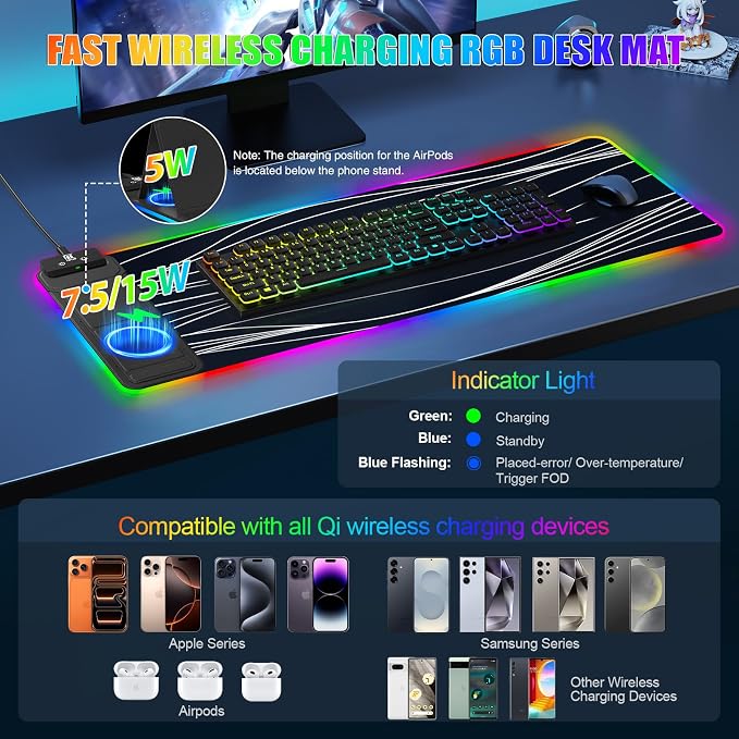 Mouse Pad with Foldable Phone Holder & Wireless Charger, XL RGB Gaming Mousepad 31.5"x11.8" Large Desk Mat for Keyboard, Home Desk Pad with Dual Qi Charging Station | 11 Colors & 5 Modes | Waterproof