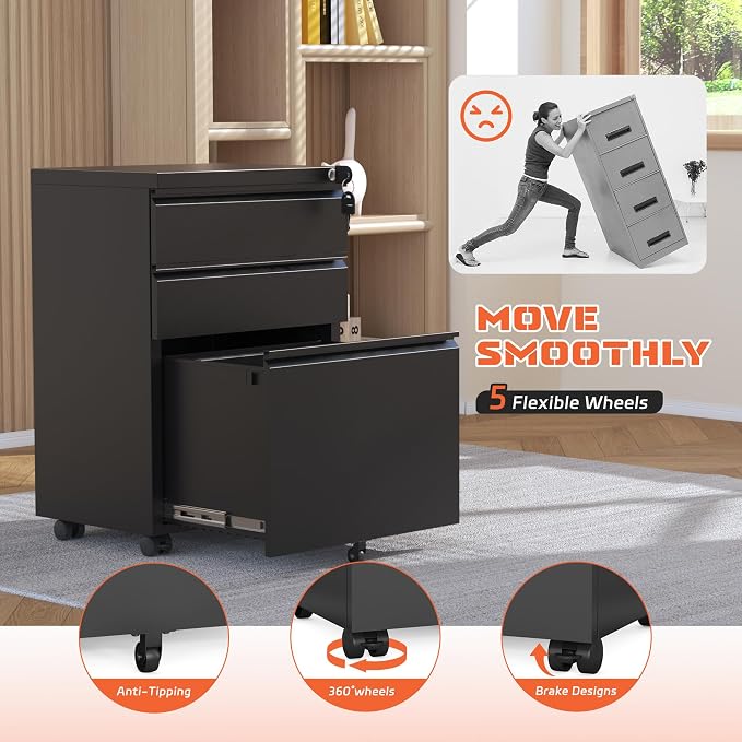 INTERGREAT 3 Drawer Mobile File Cabinet with Lock, Metal Filing Cabinets for Home Office, Rolling Under Desk Organizer for Letters/Legal/A4, (Fully Assembled-Black)