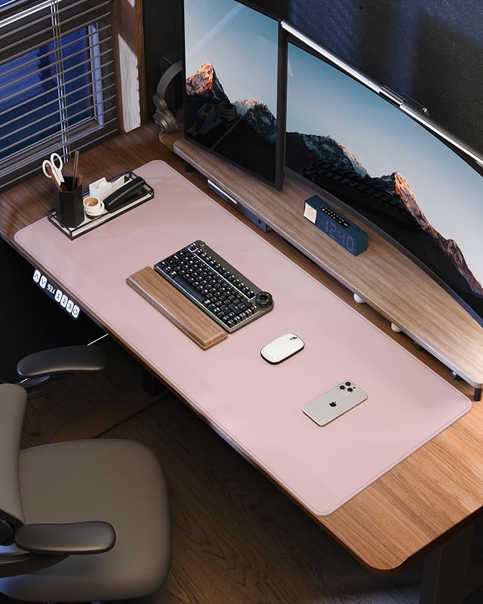 Leather Desk Pad Protector - 48" x 17" Office and Home Desk Cover Mat, Non-Slip PU Leather, Waterproof (Light Pink)