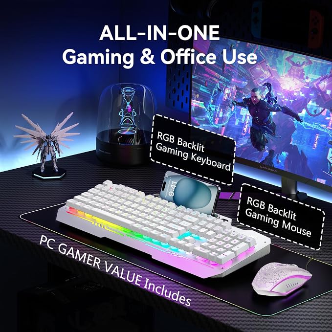 AULA Gaming Keyboard, T102 104 Keys Keyboard and Mouse Combo, USB Wired Computer Keyboards Mechanical Feel Full Size, RGB Backlit for PC/Laptop Gaming or Working/Office (White)