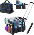 Rolling Cleaning Caddy Bag with Detachable Trolley, Large Multi-Pockets Cleaning Supply Organizer with Handles and Shoulder Strap, Cleaning Cart Supplies Organizer for Housekeepers, Cleaners, Car