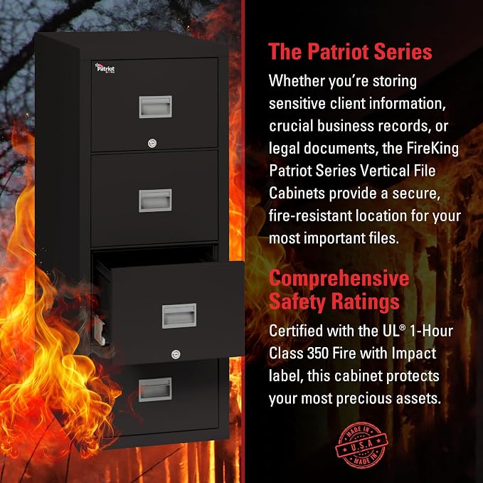 FireKing Patriot Vertical 4 Drawer Legal & Letter Fire Safe File Cabinet, Key Lock, 1 Hour Fire Rated UL Rated & Water Resistant, USA Made, Black
