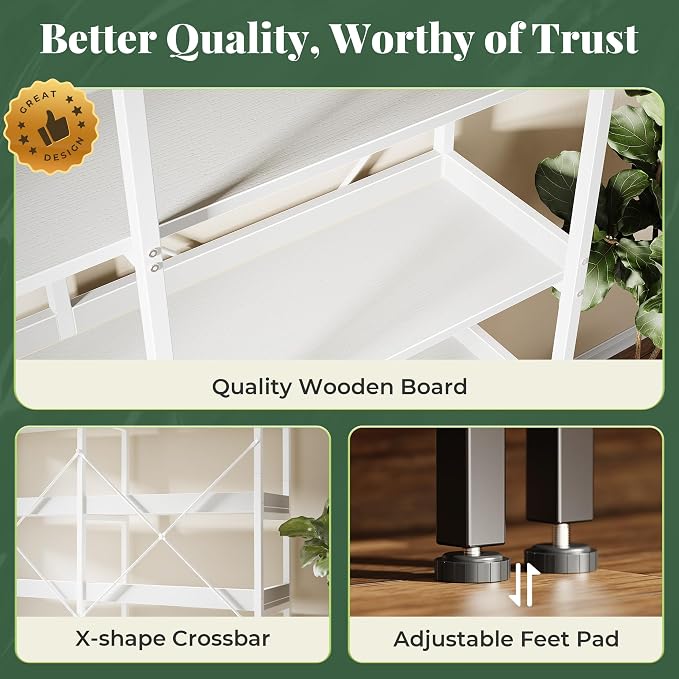 Huuger 5 Tier Bookshelf, Display Bookshelf with 10 Open Shelves and Raised Baffle, 47.2 Inch Straight Wide Bookcase with Metal Frame and Wooden Board, Adjustable Feet, White