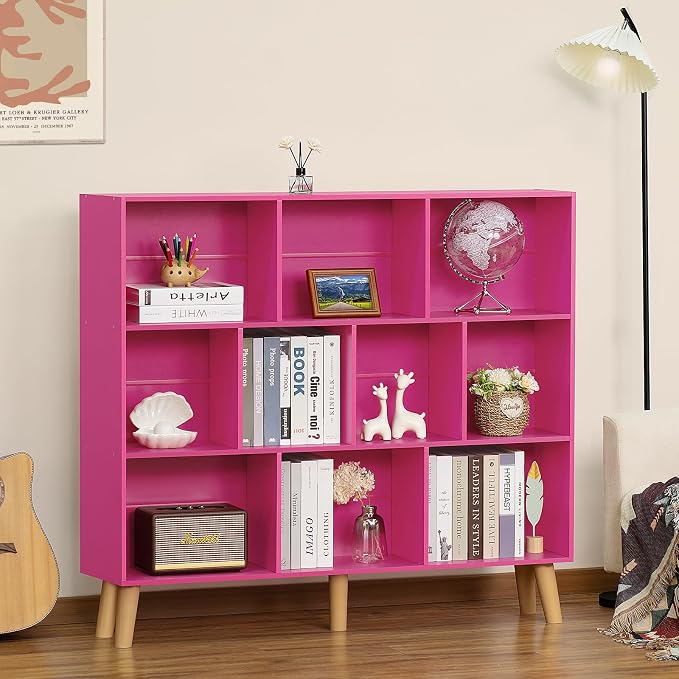 LEYAOYAO 10 Cube Bookshelf,3 Tier Modern Wide Bookcase with Legs,Mid-Century Wood Bookshelves Storage,Pink Large Book Case,Freestanding Organizer Display Shelf for Bedroom,Living Room,Office