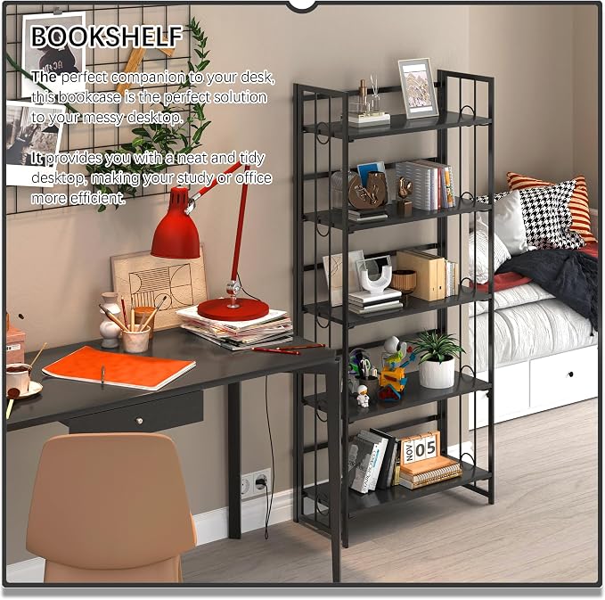 4NM No Assembly 5 Tiers Folding Bookshelf, 59.4" H Foldable Storage Shelves Vintage Bookcase Standing Racks Study Organizer Home Office - All Black