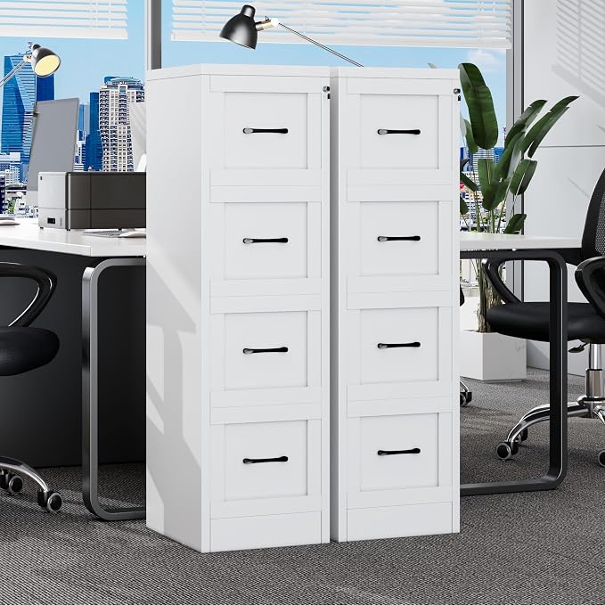 Small Metal 4-Drawer File Cabinet, Under-Desk Filing Cabinet, White | Locking, Adjustable Hanging Rail, Fit A4, FC, Letter, Hanging File Folders for Home Office Storage Organization, 2PS