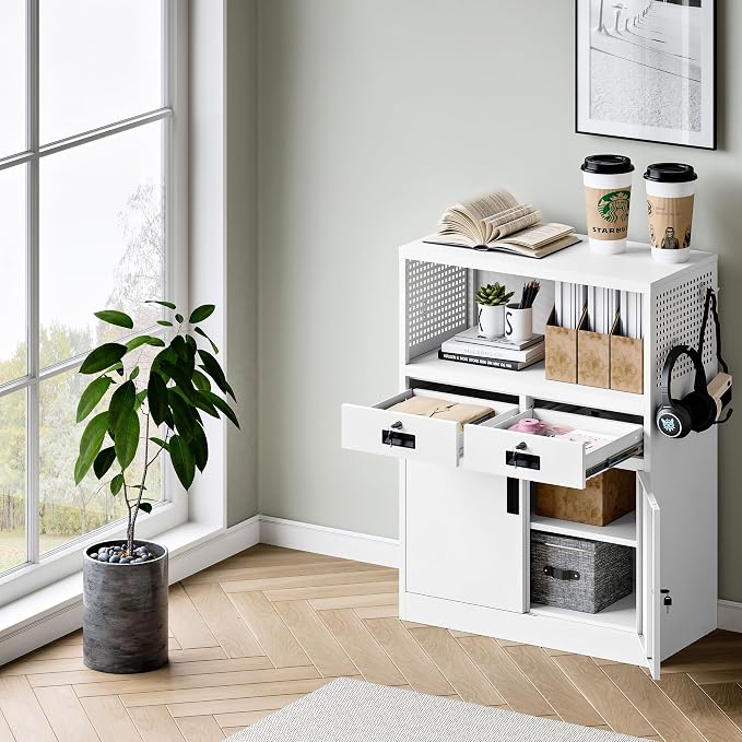 Yizosh Locking Cabinet with 2 Drawers, Metal Storage Cabinet with Locking Doors and Shelves - 41.3" Steel Lockable Storage Cabinet, Metal Cabinet for Home Office, Garage, School (White)