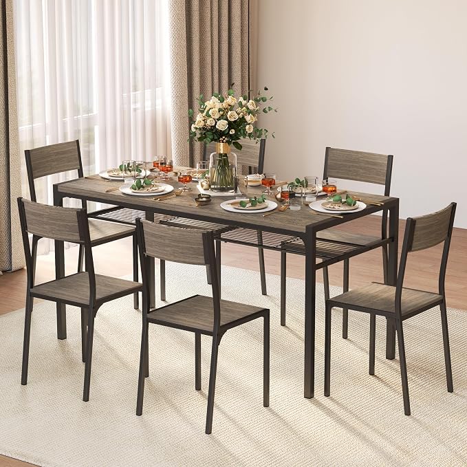 Gizoon Dining Table Set for 6 with Chairs, 7-Piece Kitchen Table Set for Small Space, Apartment, Kitchen, Dining Room, Space-Saving