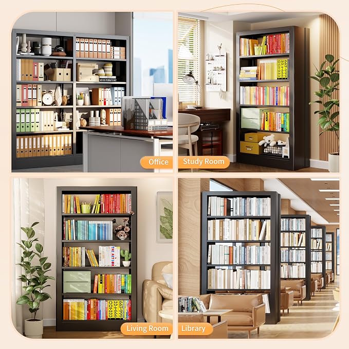 5-Tier Bookcase with Adjustable Storage Shelves, Metal Bookshelf with Book Stopper, Bookcase Shelf for Library, Office, Living Room (Black-2)