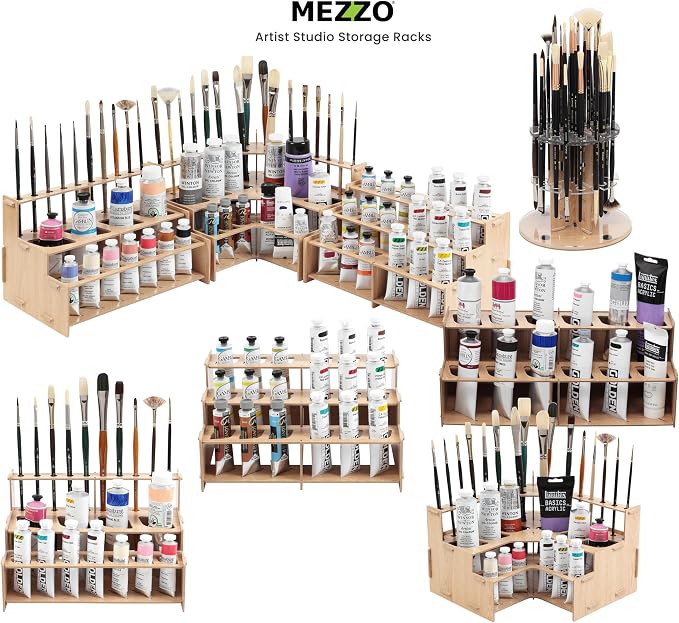 HG Art Concepts Mezzo Artist paint and Brush Rack - Wood Grain Laminate Multi Layer Desk Stand Professional Storage Display Organizer for paintbrushes and paint Tubes - Corner Rack