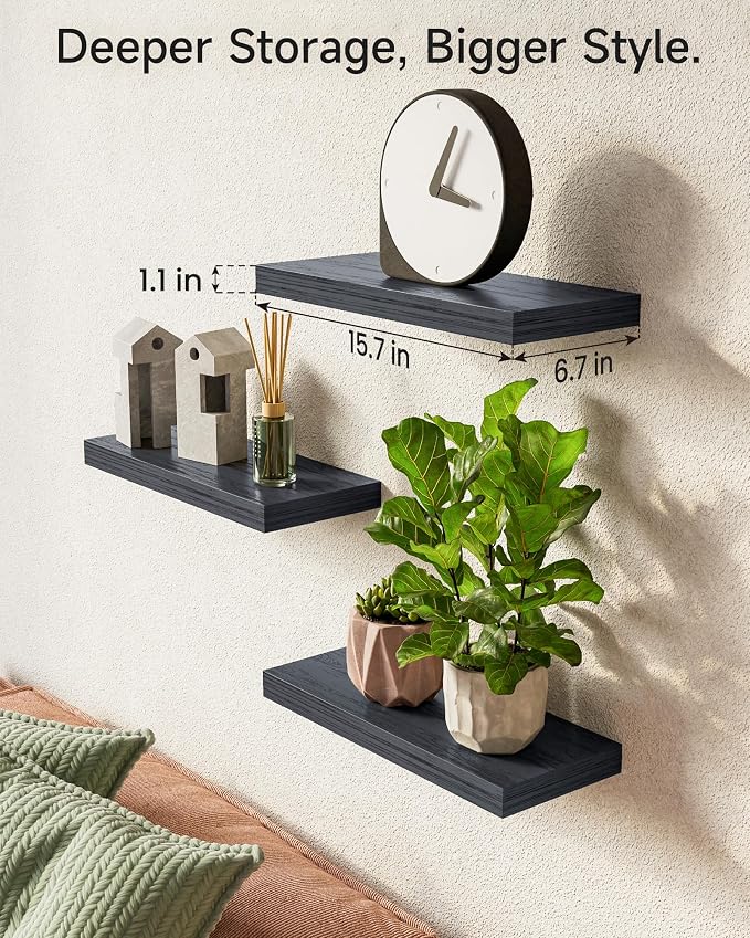 BAYKA Floating Shelves for Wall, Wall Mounted Rustic Wood Shelves for Bathroom, Bedroom, Living Room, Kitchen, Hanging Shelf for Books/Storage/Room Decor with 22lbs Capacity (Black, Set of 3, 15.7in)