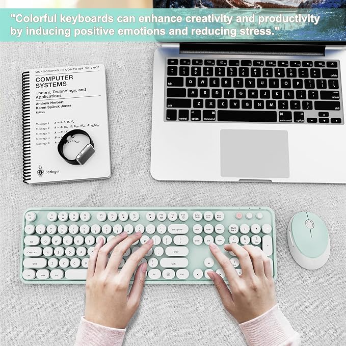 Wireless Keyboard and Mouse Combo, Ergonomic Full Size Typewriter Retro Round Keycaps Keyboard, Compatible with Windows, PC, Perfer for Home and Office Keyboards（Green）