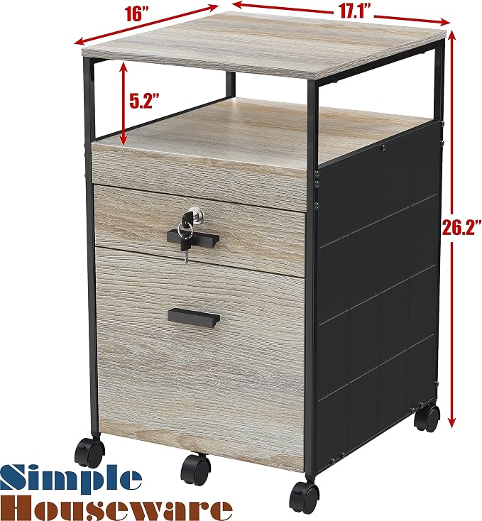 SHW Box File Rolling Mobile Cabinet with Open Shelf and Lockable Drawer, Maple