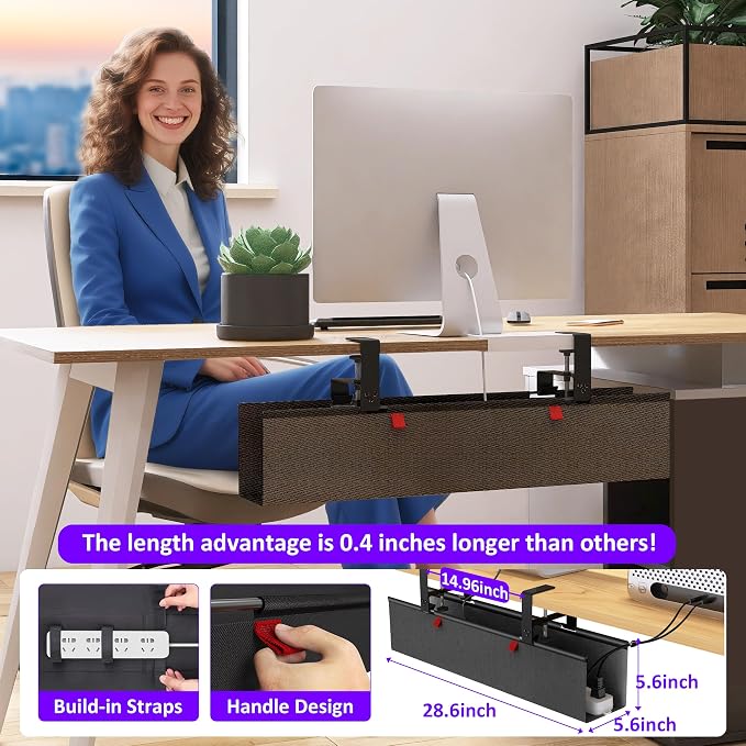 Under Desk Cable Management Tray - Under Desk Cord Management - Clamp/Screw Mount - Fabric Wire Management - Cable Raceways Tray Cord Hiders for Office/Home (Black, 28.6"×5.6")