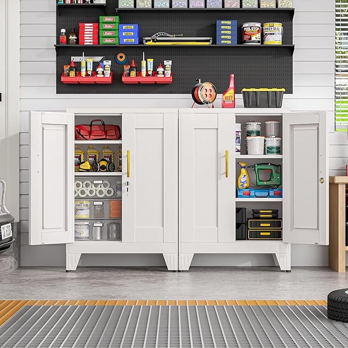 36" Metal Garage Storage Cabinet with Lock,Lockable Office File Cabinet with 2 Doors and 2 Adjustable Shelves,Outdoor Steel Locker Organizer for Home Office,Gym,School,Warehouse(White)