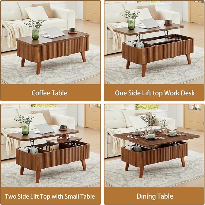 3 in 1 Lift Top Coffee Table, Fluted Convertible Coffee Tables Converts to Dining Tables, Modern Oval Wooden Center Table with Storage for Living Room Office Small Space, Partial Assembly (Walnut)