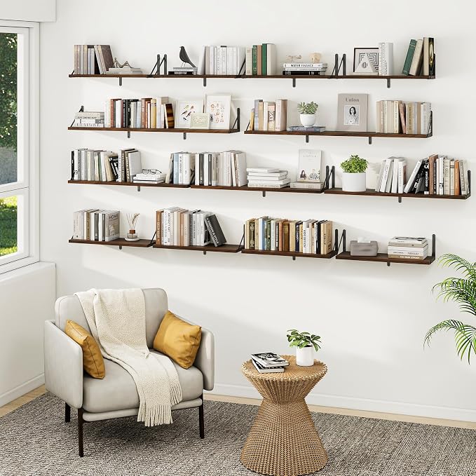 Heimlove Floating Book Shelves for Wall,23.6 Inches Wall Bookshelf Mounted Display&Storage Wood Shelves for Kitchen Bathroom Laundry Living Room,Set of 3,Walnut Color