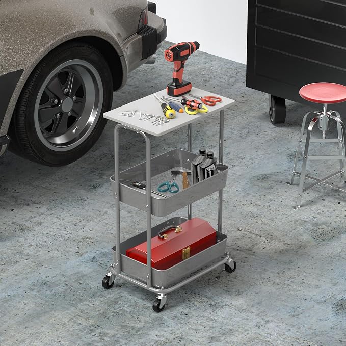 Simple Houseware 2-Tier Rolling Utility Cart with Lockable Wheels and Wood Top, Metal Storage Organizer Trolley for Kitchen, Bathroom, Office, Craft Room, White