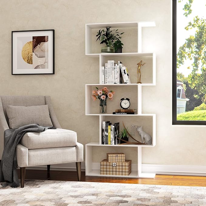 Yusong Bookshelf 5-Tier, Geometric Bookcase S Shaped Book Shelves for Bedroom, Modern Wood Decorative Display Shelf Book Case for Home Office, White
