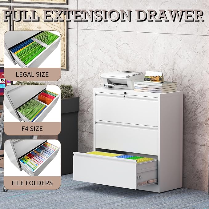 3 Drawer Lateral File Cabinet with Lock, Metal File Cabinet, Lateral File Cabinets for Home Office, Heavy Duty File Storage Cabinet for Legal/Letter/A4 Document, Assembly Required, White