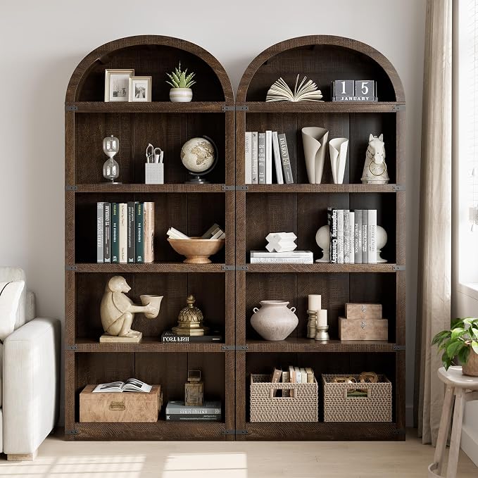 GarveeHome Bookcase 5 Shelf Arched Bookshelf 71.65in Tall Bookcase Farmhouse Display Storage Rack Wooden Bookshelves for Home Office, Living Room (Brown)