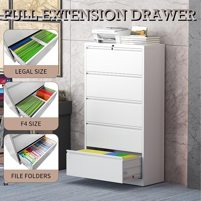 5 Drawer Lateral File Cabinet with Lock, Metal File Cabinet, Lateral File Cabinets for Home Office, Heavy Duty File Storage Cabinet for Legal/Letter/A4 Document, Assembly Required, White