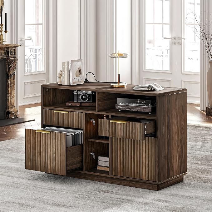 4 Drawer File Cabinet, Fluted Wood Lateral Filing Cabinet with Lock and Charging Station for Home Office, Printer Stand with Open Storage Shelves, Fits A4, Letter Size, Black Waulnut