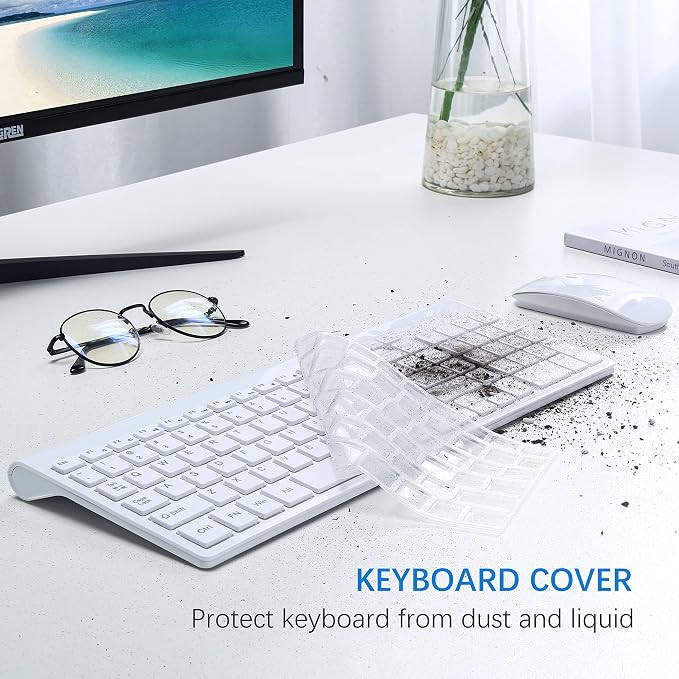 Wireless Keyboard and Mouse Ultra Slim Combo, TopMate 2.4G Silent Compact USB 2400DPI Mouse and Scissor Switch Keyboard Set with Cover, Batteries Included, for PC/Laptop/Windows/Mac - White