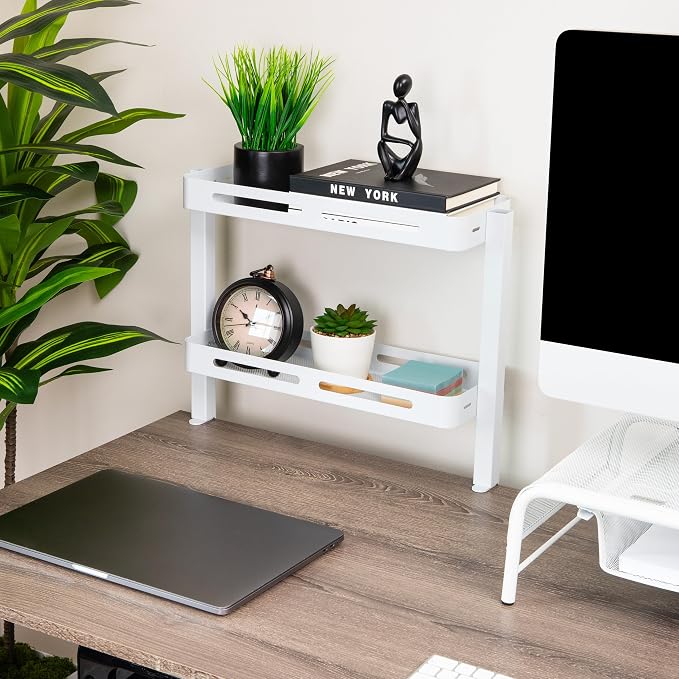 Mind Reader 2-Tier Desk Organizer with Clamp, Accessory Shelf for Office or Gaming, Office, Metal, White