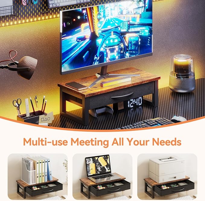 Computer Monitor Stand Riser with Drawer, 2-Tier Desk Accessories & Workspace Organizers, Laptop Stand for Desk with Storage, Office Organization, Wood