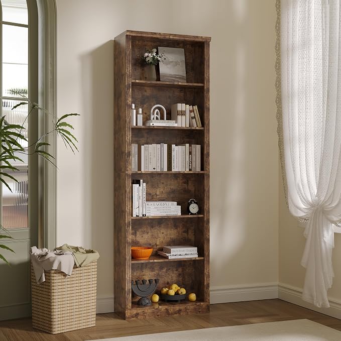 Thacuok 75" Tall Bookshelf & Bookcase, 6-Tier Adjustable Storage Shelves, Book Shelf with Anti-Tipping Device, Floor Standing Modern Display Rack for Living Room, Bedroom, Office, Brown