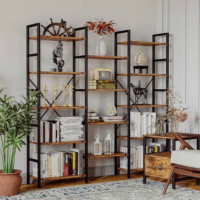 IRONCK Bookcases and Bookshelves Triple Wide 5 Tiers Industrial Bookshelf, Large Etagere Bookshelf Open Display Shelves with Metal Frame for Living Room Bedroom Home Office