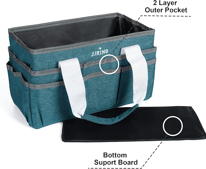 JJRING Craft Organizer Tote Bag for Art Storage, Caddy with Multiple Pockets, Bluish Green Sewing Bag for Scrapbooking, School, Medical, and Office Supplies