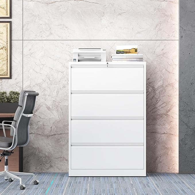 4 Drawer Lateral File Cabinet with Lock, Metal File Cabinet, Lateral File Cabinets for Home Office, Heavy Duty File Storage Cabinet for Legal/Letter/A4 Document, Assembly Required, White