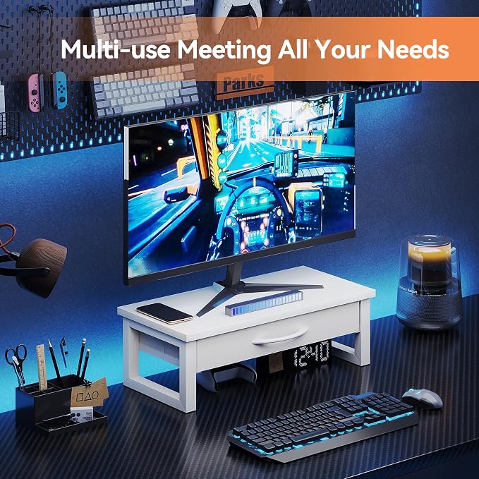 Desk Organizers and Accessories, Computer Monitor Stand Riser with Drawer, White Laptop Stand for Desk with Storage, Office Organization, Wood